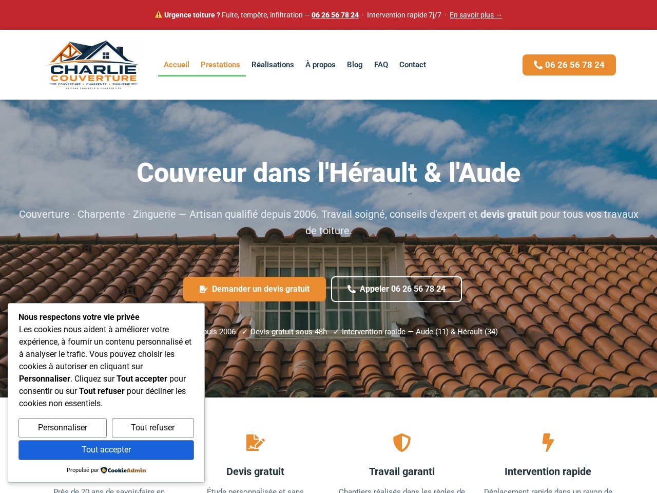 Site internet Charlie Couverture realise par TLT Performance